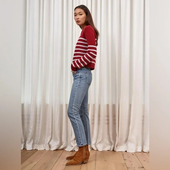 La Ligne BURGUNDY/LIGHT BLUE Cashmere Blend Mini Marin Sweater - Picture 5 of 14